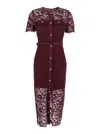 Plain Bordeaux Crewneck Dress With All-over Lace Embroidery In Cotton Blend Woman In Burgundy