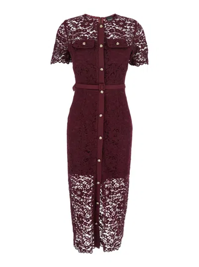 Plain Bordeaux Crewneck Dress With All-over Lace Embroidery In Cotton Blend Woman In Red