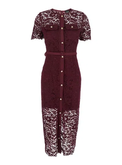 Plain Bordeaux Crewneck Dress With All-over Lace Embroidery In Cotton Blend Woman In Red
