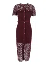 Plain Bordeaux Crewneck Dress With All-over Lace Embroidery In Cotton Blend Woman In Red