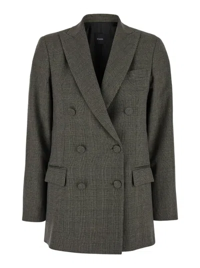 Plain Brown Double-breasted Jacket With Check Motif In Tech Fabric In Grey