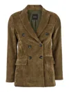 Plain Brown Double-breasted Jacket With Peak Revers In Courduroy Woman In Brown