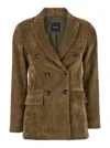 Plain Brown Double-breasted Jacket With Peak Revers In Courduroy Woman In Brown