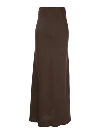 Plain Brown Long Skirt With Volant Detail At The End In Satin Woman
