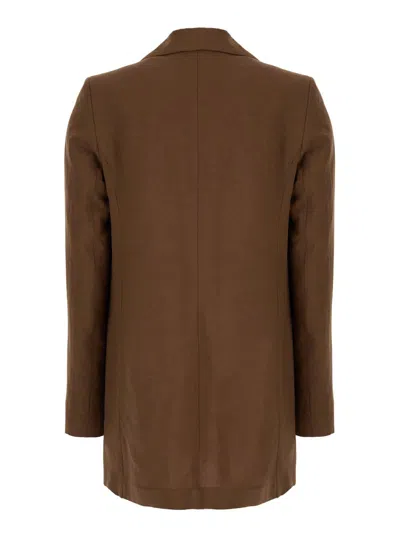 Plain Brown Open Jacket With Shawl Collar In Linen And Viscose Woman