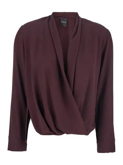 PLAIN PLAIN BURGUNDY WRAP GEORGETTE BLOUSE WITH DEEP V-NECKLINE