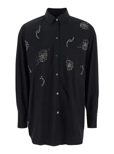 PLAIN BLACK SHIRT WITH CLASSIC COLLAR AND RHINESTONE EMBELLISHMENTS ON THE FRONT