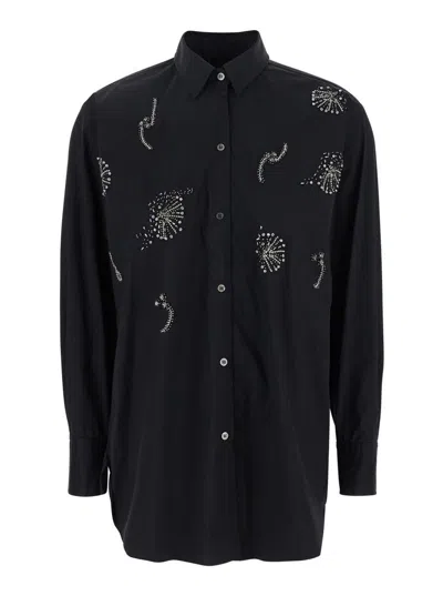 PLAIN BLACK SHIRT WITH CLASSIC COLLAR AND RHINESTONE EMBELLISHMENTS ON THE FRONT IN COTTON BLEND STRETCH W