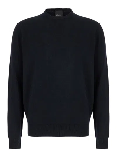 Plain Dark Blue Crewneck Sweater In Merino Wool And Silk Blend Man In Black