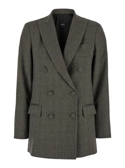PLAIN BROWN DOUBLE-BREASTED JACKET WITH CHECK MOTIF
