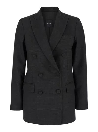 PLAIN GREY DOUBLE-BREASTED JACKET WITH CHECK MOTIF