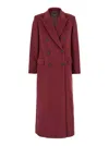Plain Long Bordeuax Double-breasted Coat In Fabric Woman In Red
