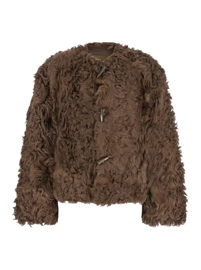PLAIN BROWN COLLARLESS FUR JACKET WITH FRONT TOGGLE CLOSURE IN FUR WOMAN