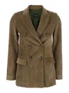 Plain Brown Double-breasted Jacket With Peak Revers In Courduroy Woman In Brown