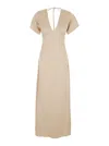 Plain Long Beige Dress With Bow At The Back In Fabric In Beige