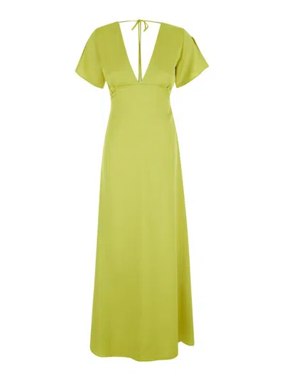 Plain Yellow Long Dress With Bow At The Back In Green