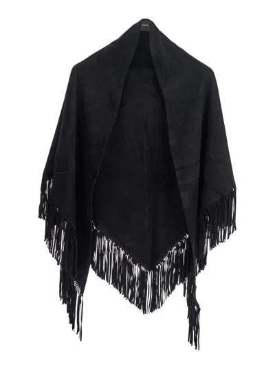 PLAIN 'ELENA' BLACK CAPE WITH FRINGED HEM