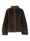 Plain Brown Fur Jacket With High Neck And Concealed Front Closure In Ecofur Woman In Black