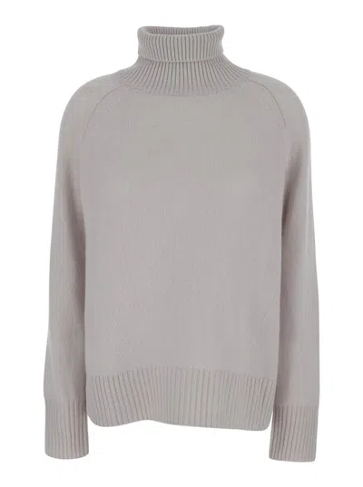 Plain Grey High Neck Sweater With Ribbed Trim In Cashmere Woman