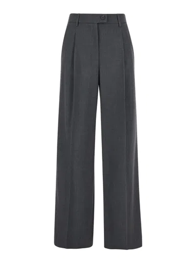Plain Grey Straight Pants With Pences In Fabric Woman