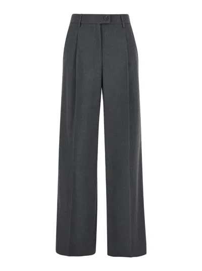Plain Grey Straight Pants With Pences In Fabric Woman In Gray