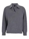 Plain Grey Sweater With Polo-style Collar And V-neck In Cashmere Woman In Gray