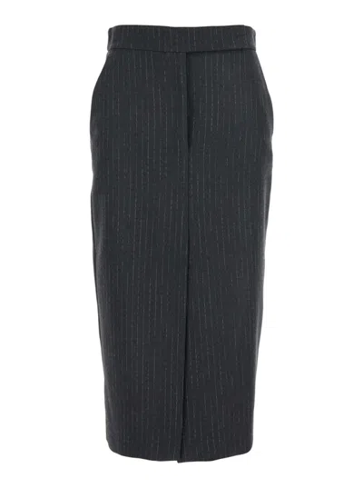Plain Knee-length Striped Pencil Skirt In Black