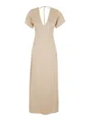 Plain Long Beige Dress With Bow At The Back In Fabric