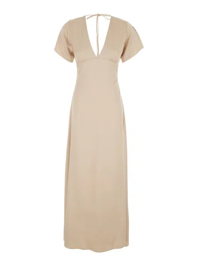 Plain Long Beige Dress With Bow At The Back In Fabric