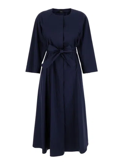 Plain Long Blue Dress With Belt In Fabric