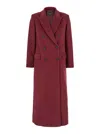 Plain Long Bordeuax Double-breasted Coat In Fabric Woman In Burgundy