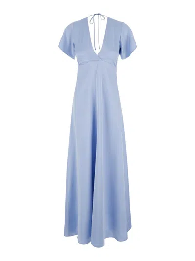 Plain Long Light Blue Dress With Bow At The Back In Fabric