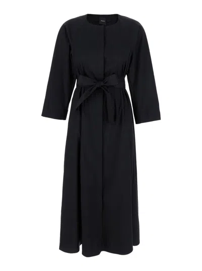 Plain Long Sleeves Cotton Dress In Black