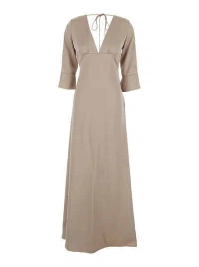 Plain Long Sleeves Maxi Dress In Brown