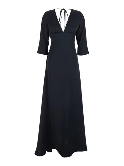 Plain Long Sleeves Maxi Dress In Blue