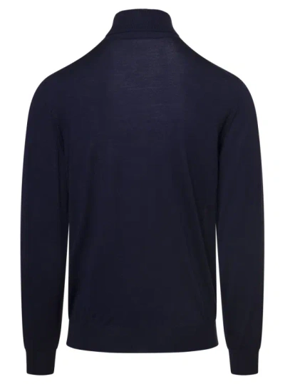 Plain Navy Blue Turtleneck Pull With Rib Trim In Wool