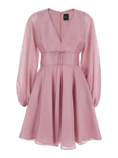 Plain Pink Dress With V-neck And Flared Skirt In Tech Fabric Woman