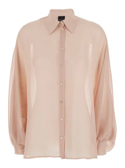 Plain Pink Oversize Blouse With Classic Collar And See-through Design In Fabric Woman