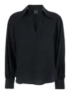 Plain Black Blouse With Polo Shirt Style Collar And V Neck