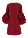 Plain Red Crewneck Dress With Draped Flared Sleeves In Silk Blend Woman In White