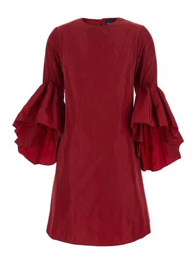 Plain Red Crewneck Dress With Draped Flared Sleeves In Silk Blend Woman In White