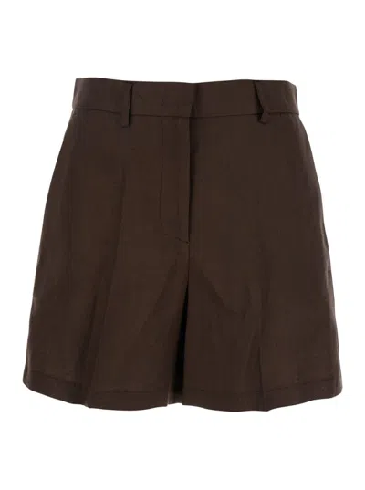 Plain Relaxed-fit Brown Linen Shorts With Belt Loops