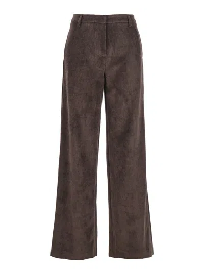 PLAIN BROWN PANTS WITH BELT LOOPS IN RIBBED VELVET WOMAN