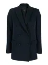 Plain Blue Double-breasted Jacket With Peak Lapels In Satin Woman In Blue