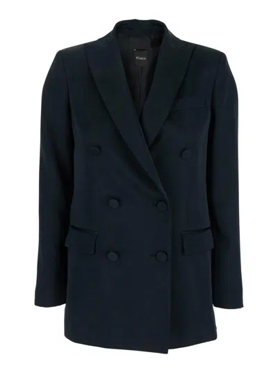PLAIN BLUE DOUBLE-BREASTED JACKET WITH PEAK REVERS IN TECH FABRIC WOMAN
