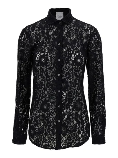 Plain Black Shirt With Classic Collar And Buttons In Lace Woman