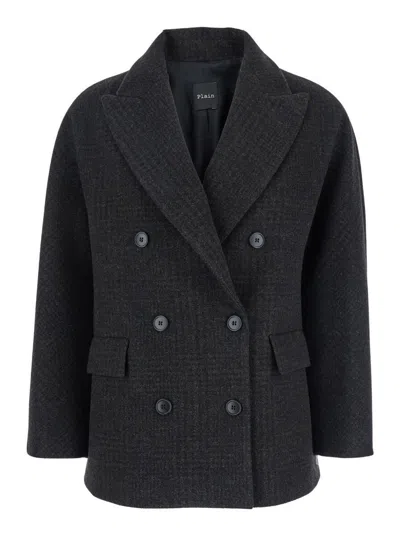 PLAIN SHORT CHECK PEACOAT DOUBLE BREASTED