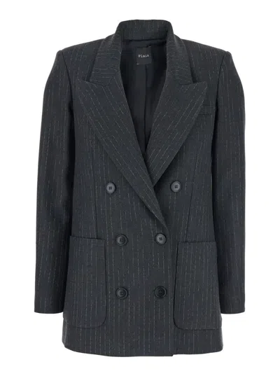 PLAIN GREY DOUBLE-BREASTED JACKET WITH PEAK REVERS AND ALL-OVER STRIPED MOTIF IN WOOL BLEND WOMAN