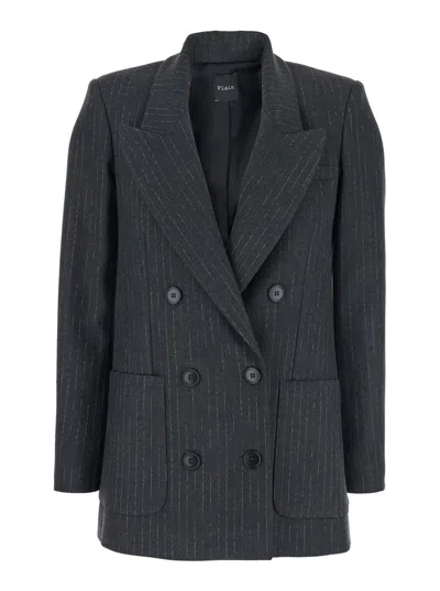 PLAIN GREY DOUBLE-BREASTED JACKET WITH PEAK REVERS AND ALL-OVER STRIPED MOTIF IN WOOL BLEND WOMAN