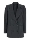 Plain Grey Double-breasted Jacket With Peak Revers And All-over Striped Motif In Blue